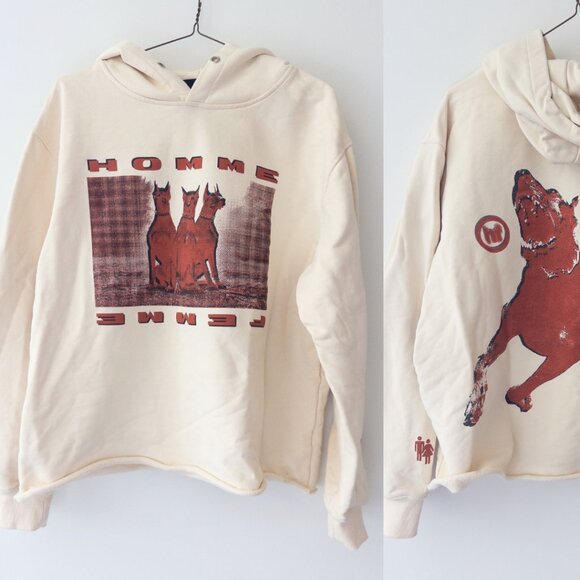 Homme Femme Doberman Hoodie Raw Hem in Cream, Size M - Picture 1 of 9